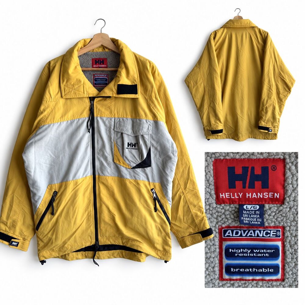 VTG 90s Helly Hansen Advance Jacket Mens L Yellow Colorblock Fleece Lined Zip